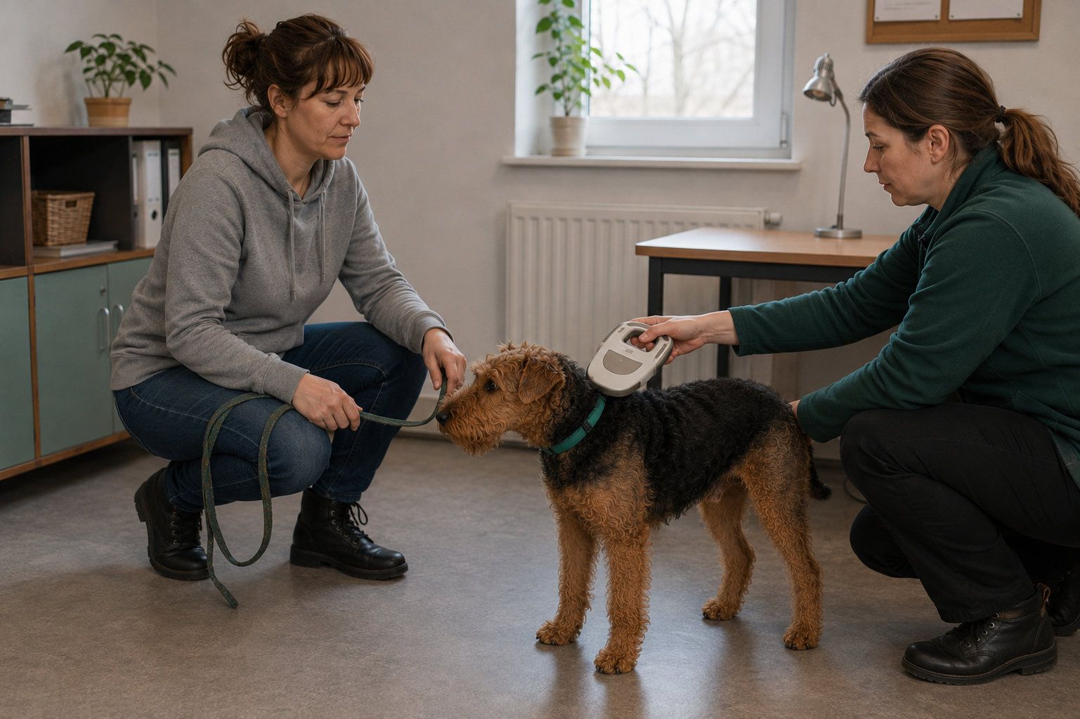 Pracovnice útulku přebírá doklady při domluveném předání psa